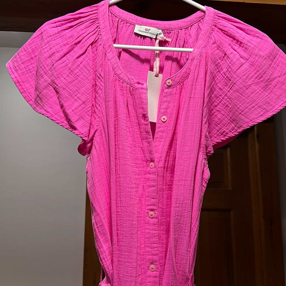 NWT Vineyard Vines hot pink shirt dress, flounce hem, size large